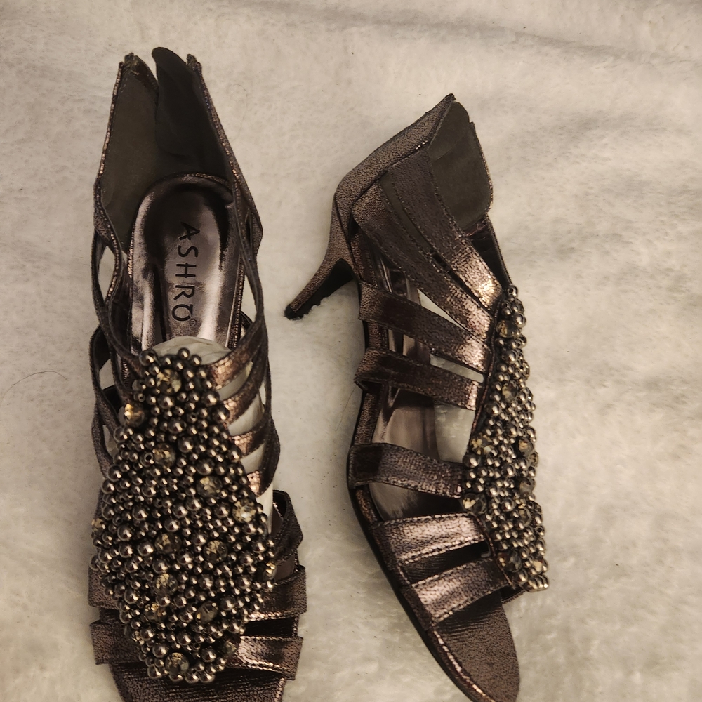 Ashro Bronze Strappy Heels with Beaded Design